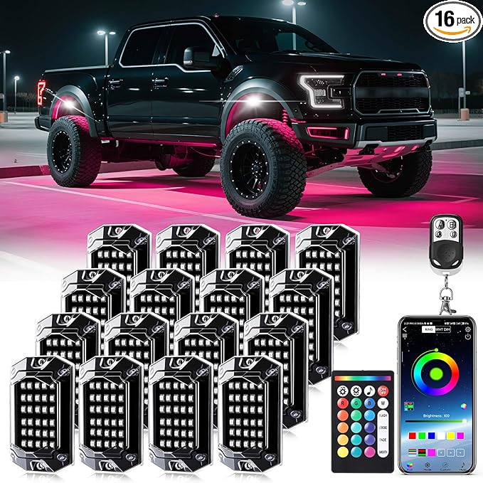 16 Pods RGB LED Rock Lights for Trucks Offroad Pickup Trailer Sedan SUV Cars, Waterproof Multicolor Neon Underglow Kit with Bluetooth APP/RF Remote, Vehicle Accent Underbody Light Underneath 12V