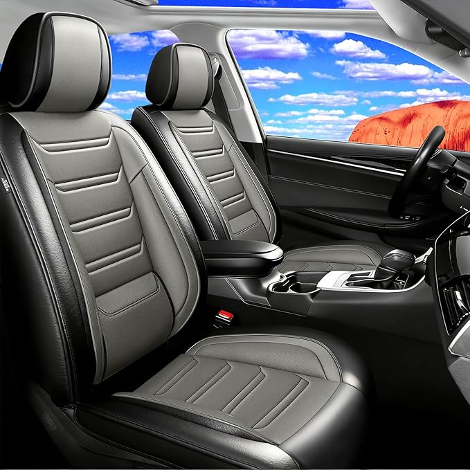Fit Bolt Car Seat Covers for Select Chevrolet Bolt/Bolt EUV 2017-2025, Premium Full Coverage Leather, Airbag Compatible, Waterproof All Weather Seat Cushion Protector, Front Pair Black+Gray
