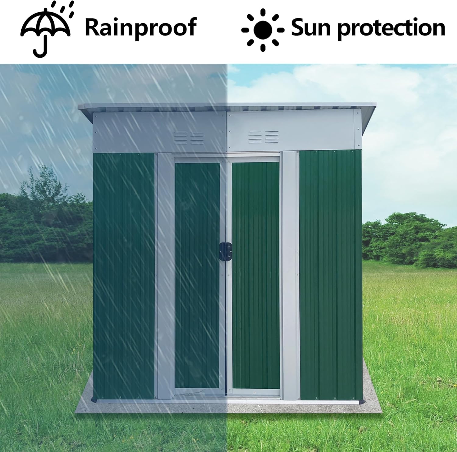 5x3 FT Outdoor Storage Shed with Sloping Roof, Waterproof Metal Garden Sheds w/Lockable Sliding Doors and Vents, Weather Resistant Tool Storage House for Backyard, Patio, Lawn, Green