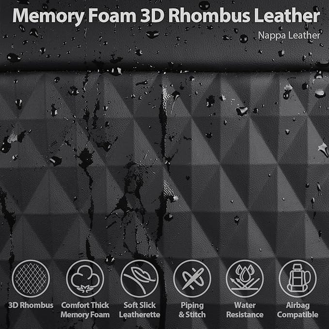 CAR PASS 2Pack Front Car Seat Covers Leather Memory Foam Water Proof Seat Protector Universal Fit for Cars SUVs Trucks Most Vehicles, 3D Foam Rhombus Sideless, Airbag Compatible Non-Slip, 2 Pcs Black