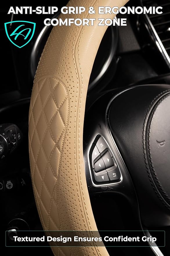 Lord Autofashion Steering Wheel Cover – PU Leather, Non-Slip Rubber Inner, All-Season Comfort – 14.5–15 Inch (Beige 9366)