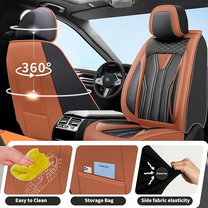 Fit Kona Car Seat Covers for Select Hyundai Kona 2018-2025 2026. Premium Leather, Waterproof， Breathable, Scratch-Resistant & All-Weather Seat Cushion Protector (Full Set, Brown&Black)