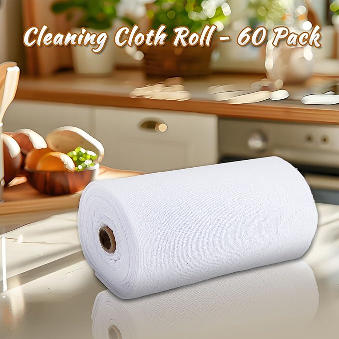 CARTMAN 60 Pack Microfiber Cleaning Cloth, Reusable Tear Away Towels Roll, 12"x12", Multi-Purpose Microfiber Towels, Lint Free, Absorbent Cleaning Rags for Kitchen, Car, Glass White