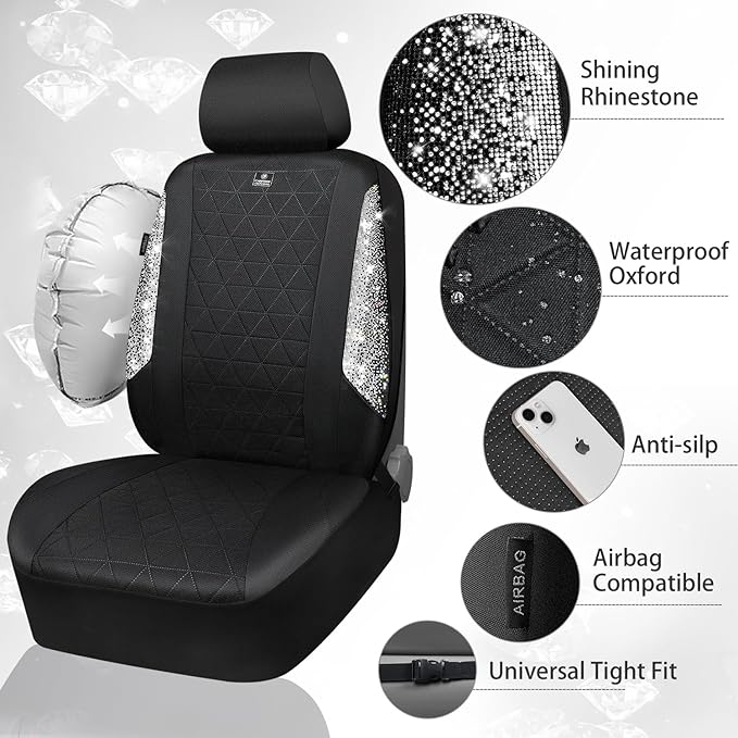CAR PASS Oxford Bling Diamond Car Seat Covers Full Set Interior Sets, Waterproof Shining Glitter Sparkly Crystal Universal Armrest Fit 95% Automotive Truck SUV Cute Women Girl, Black Silver Rhinestone