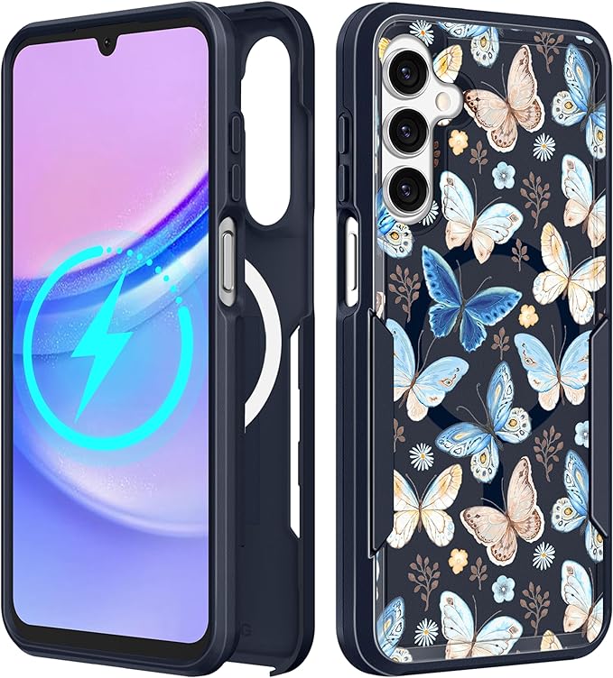 for Samsung Galaxy A16 5G Phone Case - Compatible with MagSafe Women Girls Cute Magnetic Protective Cover Girly Kawaii Blue Butterfly Heavy Duty Shockproof Design for Samsung A16 5G Case
