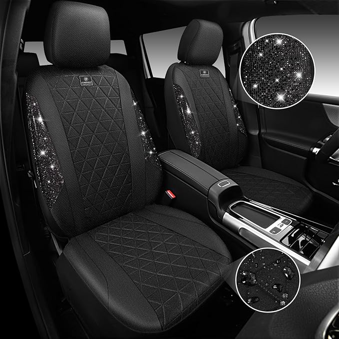 CAR PASS Oxford Bling Diamond Car Seat Covers Full Set Interior Sets, Waterproof Shining Glitter Sparkly Crystal Universal Armrest Fit 95% Automotive Truck SUV Cute Women Girl, All Black Rhinestone