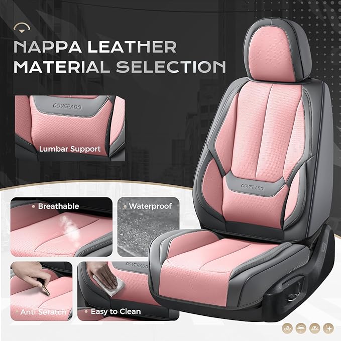 Coverado Seat Covers, Car Seat Covers Full Set, Leather Seat Covers for Cars, Car Seat Protector, Gray Car Seat Covers Front Seats and Back Seats Universal Fit for Most Cars Pink