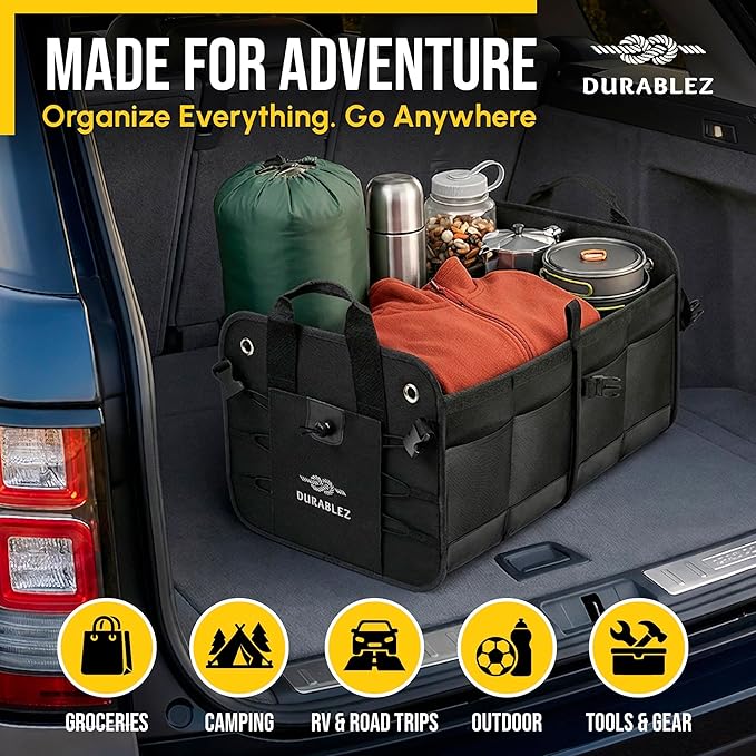 2-Section Trunk Organizer Foldable Car Storage Bin – Compact Dual-Compartment Auto Organizer with Cover Net, Non-Slip Pads, Heavy Duty Oxford 1680D – Black
