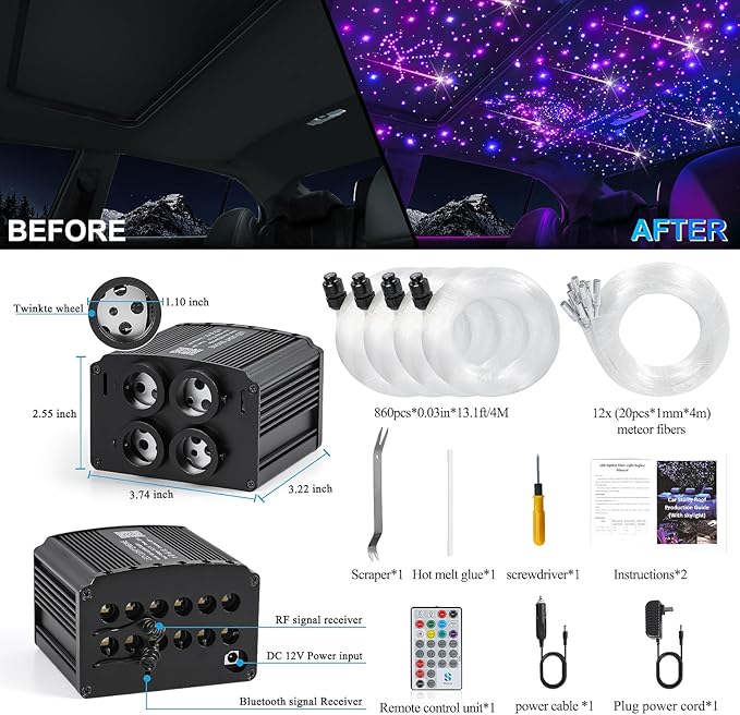 4 Colors 32W Twinkle & Meteor Starlight Headliner Kit for Car Home, 2-in-1 Light Engine 860pcs*0.03in*13.1ft+240 RGBW Fiber Optic Cable Shooting Car Star Sky Roof Lights, Ceiling Star Lights for Car