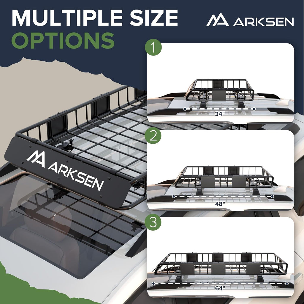 ARKSEN 64 x 34 x 6 Inch Universal Roof Rack with Extension, 600D Waterproof Bag, 2 Ratchet Straps&Net, 150 LBS Capacity Heavy Duty Rooftop Cargo Basket for SUV, Truck, RV, Pickup