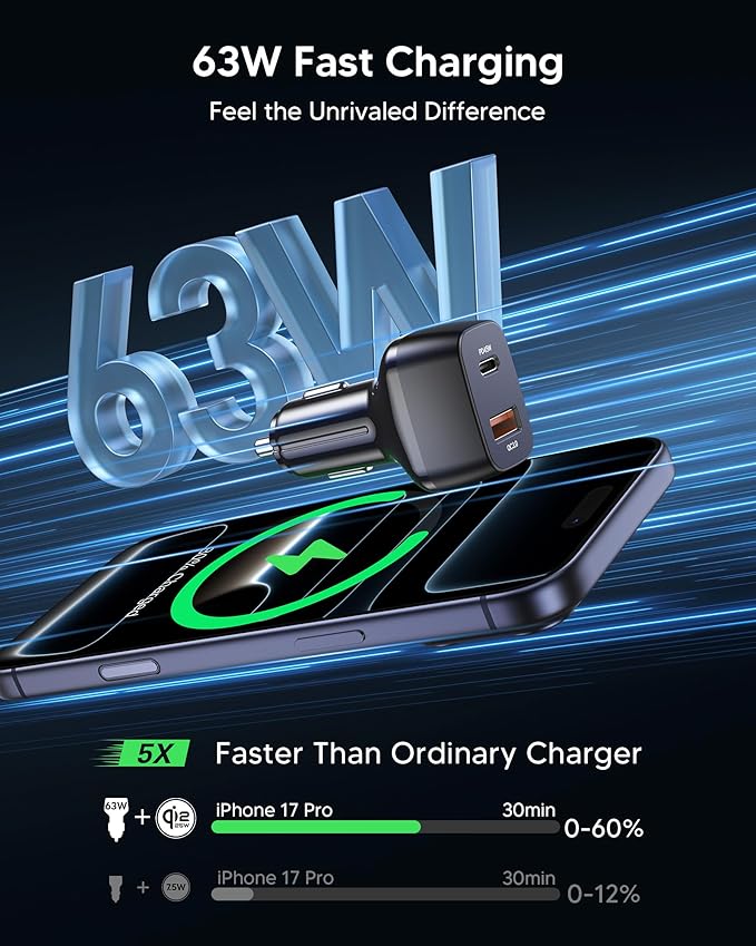 Qi2.2 25W MagSafe Car Mount Charger, [Phone Cooling Fan＆RGB Lights] Wireless Car Charger with 78+LBS Vacuum Suction, 360°Rotatable Magnetic Car Phone Holder with 63w Adaper for iPhone 17-12 Series