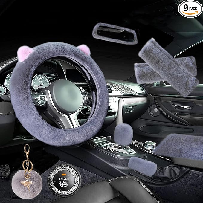 ZYNQACC 9 Pack Cute Bear Fluffy Car Accessories for Women Girls,Kawaii Fuzzy Steering Wheel Cover Universal 15 inch Plush Cute Ears