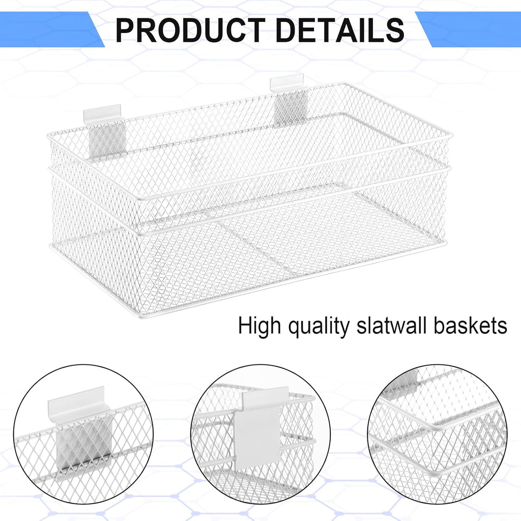 Barydat 4 Pcs Slatwall Basket Set Ventilated Metal Slatwall Basket Hanging Wire Bins Wall Mounted Accessories for Panel Garage Storage Display Organizing(Multi Size,White)