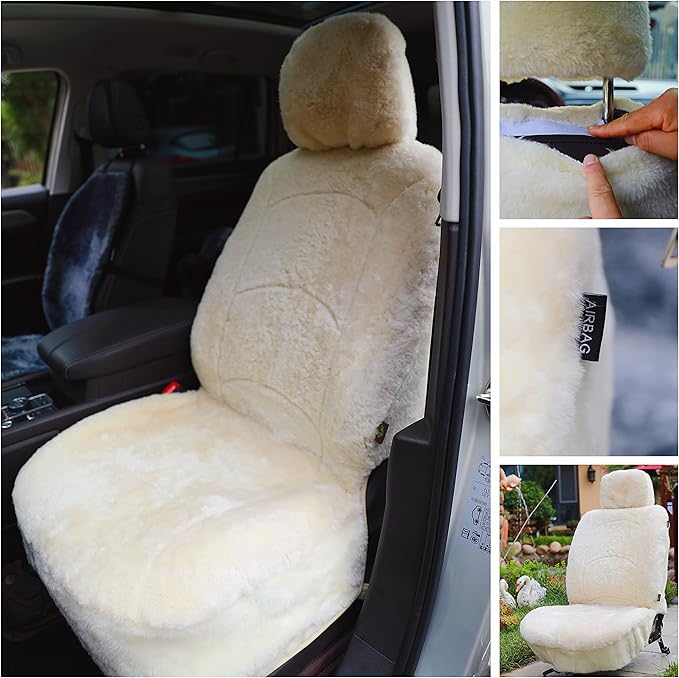 Genuine Sheepskin Seat Cover Lambskin Seat Cover Winter Car Seat Cover Lambs Wool Sheep Skin Fuzzy Shearling Car Accessories Front with Curve Patten (Beige)
