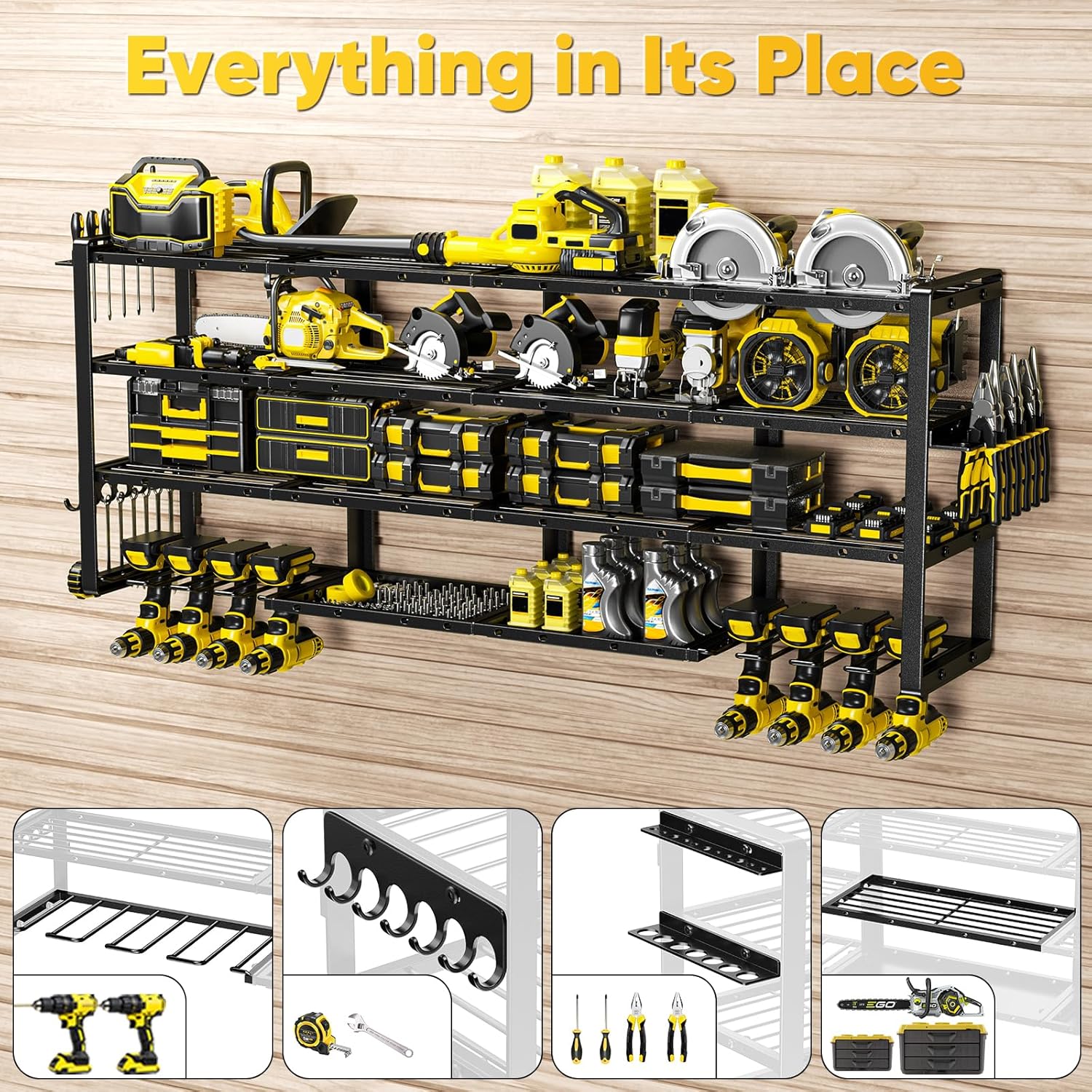 64”W Power Tool Organizer Wall Mount, Heavy Duty 8-Drill Cordless Drill Holder Supports 800 lbs, 4-Layer Corner or Straight Assembly Large Tool Battery Storage Rack for Garage Workshop