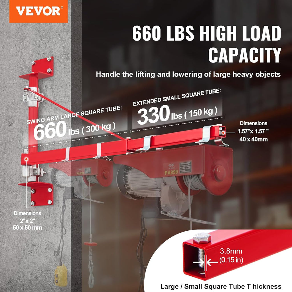 VEVOR Wall Mount Jib Crane, 660 lbs Max Load Capacity Electric Scaffolding Lift, Electric Hoist Holder Swing Arm with Pole, Steel Hoist Frame, 180° Swivel Scaffold Lifting Arm for Electric Hoist