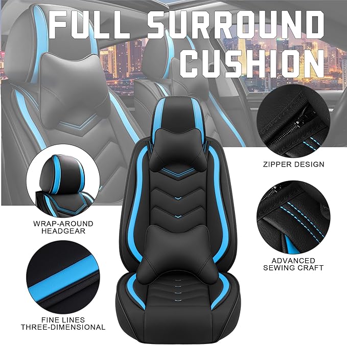 CTDS Car Seat Covers for Hyundai Kona 2018-2026, Stylish Sport Seat Cover, Premium Nappa Leather Car Seat Cover. Automobile Seat Covers Sets.(Luxury 2 Seats/Black Blue)