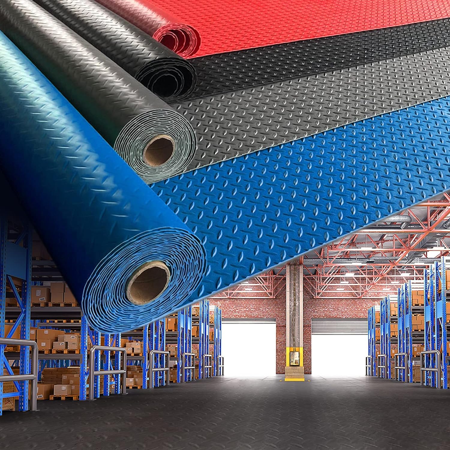 Boshen 5Ft x 7.5Ft Garage Floor Mat 2.5mm Thickened Rubber Flooring Roll 37.5sqft Diamond Plate PVC Rubber Trailer Mat Non-Slip Floor Protector Mat for Garage Warehouse Basement Trailer - Red