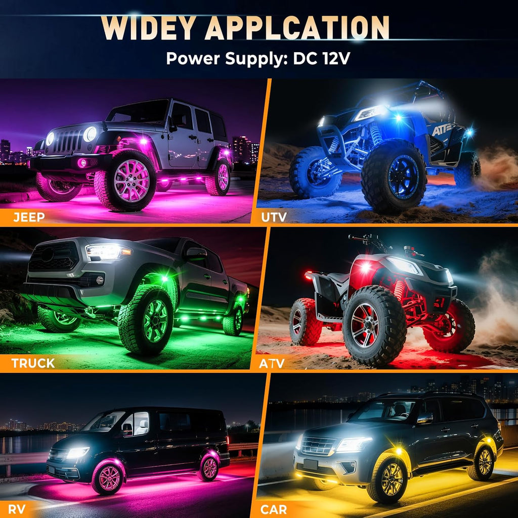 Honalia RGB Rock Lights for Trucks 8 pods, Neon Light Kits for UTV with Music Mode, Multicolor Truck Rock Light Kits for UTV ATV Golf Cart Four Wheeler RZR Truck