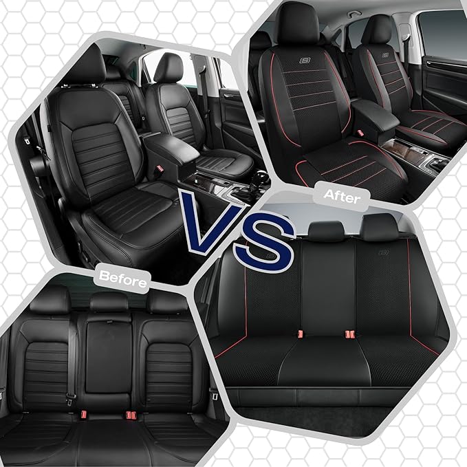 Skechers Air-Cooled Memory Foam Seat Covers,Mesh Thick Car Seat Covers,Piping Leather Car Seat Cover Full Set,Airbag Compatible,Automotive Comfort Universal Fit Most Cars,Vans,Trucks,SUV,Red