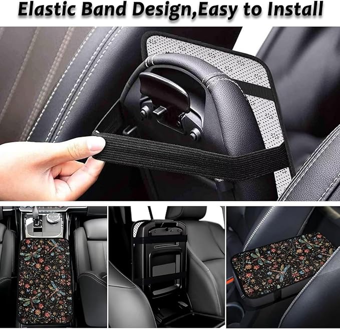 Flower Dragonfly Car Armrest Cushion Scratch Resistant Car Center Console Cushion Pad Full Coverage Armrest Cover Center Console Cushion Fit for Cars Truck SUV or Vans
