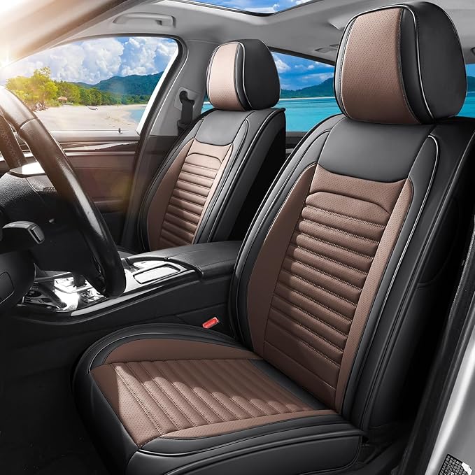 Car Seat Covers Full Set Fit for Toyota Prius 2001-2026, Premium Faux Leather Car Seat Protector,Breathable Anti-Slip Full Wrapping Edge Seat Covers(Black&Brown,Full Set)
