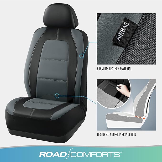 Road Comforts Car Seat Cover, Front Leather Car Seat Covers, Automotive Low Back Sport Car Seat Covers, Airbag Compatible, Universal Fit for Most Cars, SUVs, Trucks and Vans