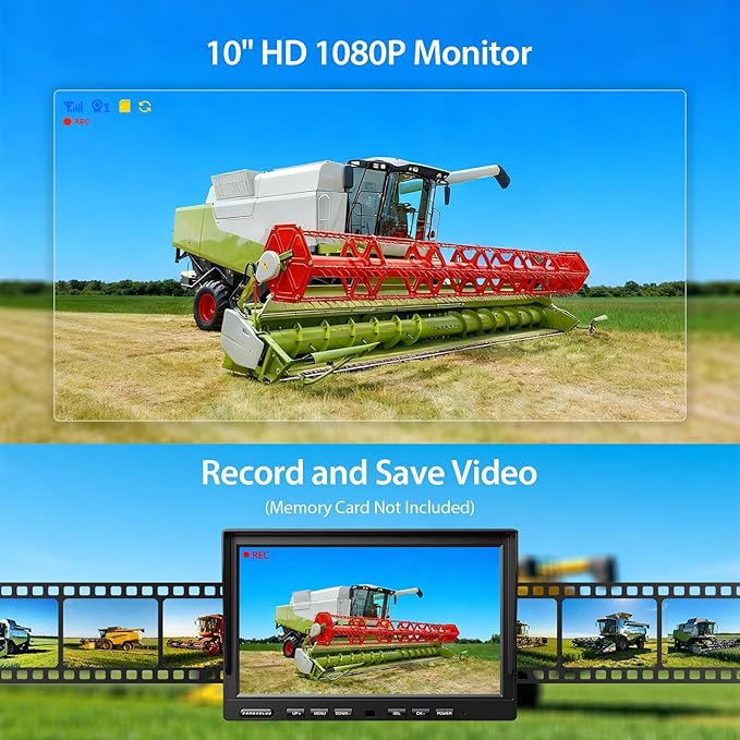 ZEROXCLUB 10" 1080P Wired Rear View Backup Camera System, Quad Split Screen IP69K Waterproof Reverse Camera, Vibration-Proof 10G for Tractor, Truck, Trailer, Combine, Heavy Equipment, BH101
