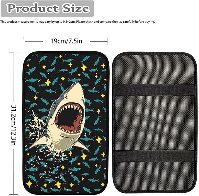 Shark Print Arm Rest Cover for Car Non Slip Car Center Console Cover Shark Car Interior Accessories Non Slip Armrest Cushion Protector Fit Most SUV Trucks Van Vehicle