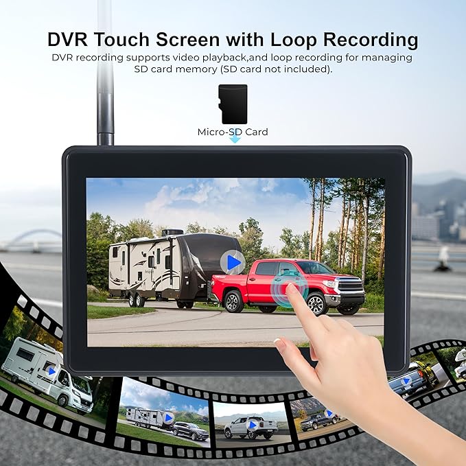 Wireless RV Backup Camera - 7'' IPS Touch Screen, 1080P HD Rear View Camera System with BSD Alert, DVR 4 Channels, IR Night Vision, Compatible with Pre-Wired RVs, Trailer, Camper, 5th Wheel