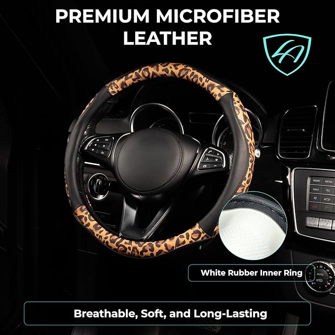 Lord Autofashion Steering Wheel Cover – PU Leather, Non-Slip Rubber Inner, All-Season Comfort – 14.5–15 Inch (Black/Leopard 8684)