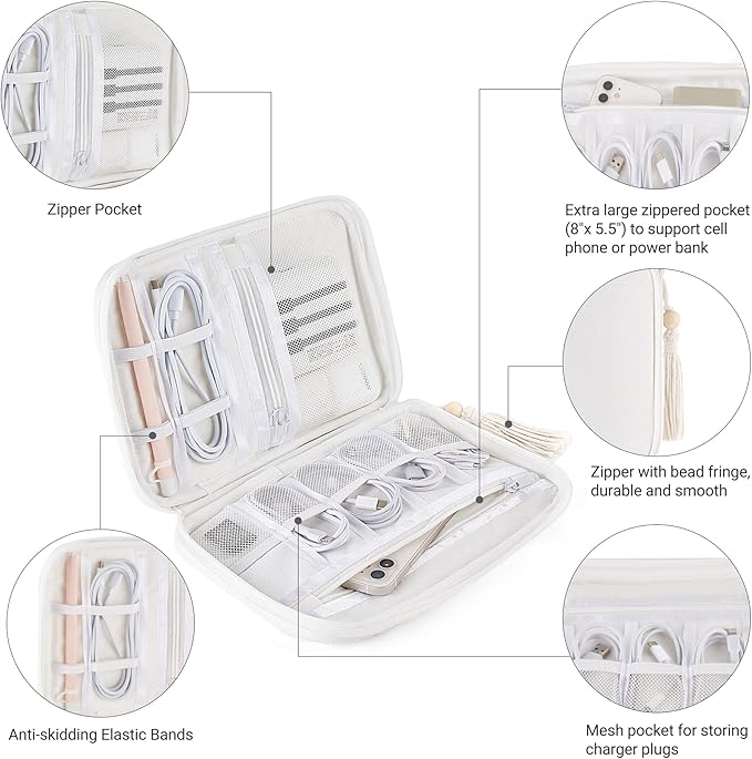 Mkono Electronics Organizer Travel Cable Cord Organizer Cotton Bag, Portable All-in-One Accessories Travel Essentials Storage Case with Tassel for Cable Charger Phone USB Pouch for Women, White