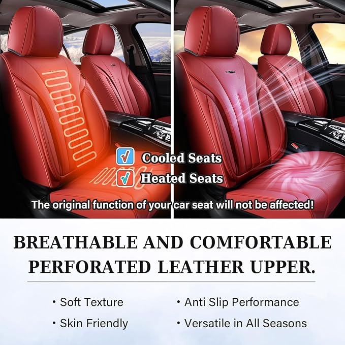 Coverado Seat Covers Full Set, Red Seat Covers for Cars, Front and Rear Seat Covers Waterproof Seat Cover, Leather Car Seat Protector, Universal Car Seat Cushion Fit for Most Sedan, SUV, Truck, Red