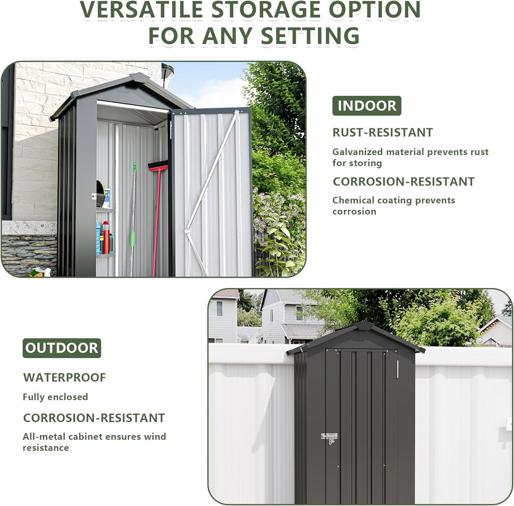 2.5x1.4 FT Outdoor Storage Shed, Small Metal Garden Shed with Adjustable Shelves, Mini Outside Tool Sheds with Lockable Hinged Door, Waterproof Outdoor Storage Cabinet for Backyard, Patio, Lawn, Black