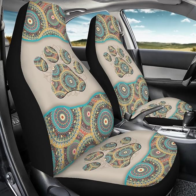 BIGCARJOB Aztec Tribal Paw Car Seat Covers Front Seat Protector 2 Packs Set of Vehicle Interior Seat Mat Cover Universal Fit Cars,Sedan,Truck,SUV