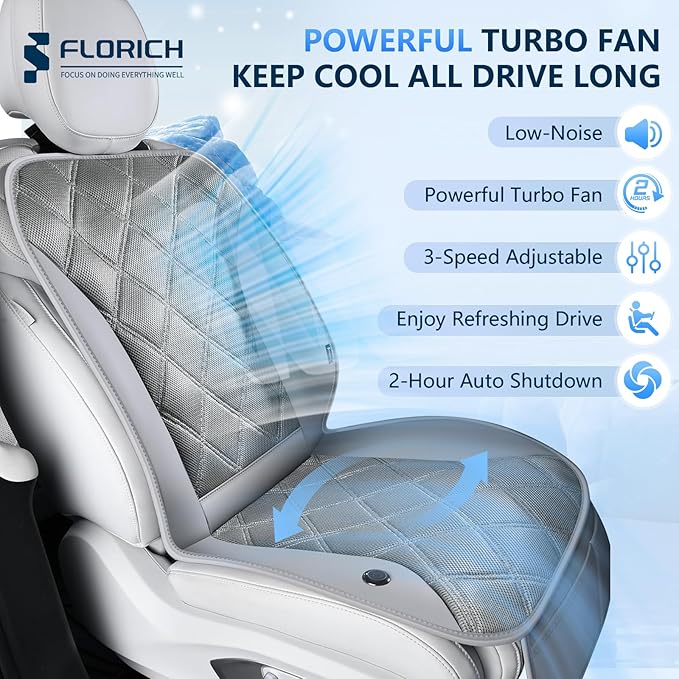 FLORICH Cooling Car Seat Cushion Front Seat Ventilated Car Seat Cover 2-Hours Auto Off Cooling Mat for Car Seats with 3-Speed Adjustable Universal Fit for 12V/24V Car SUV Truck Van for Summer, Gray