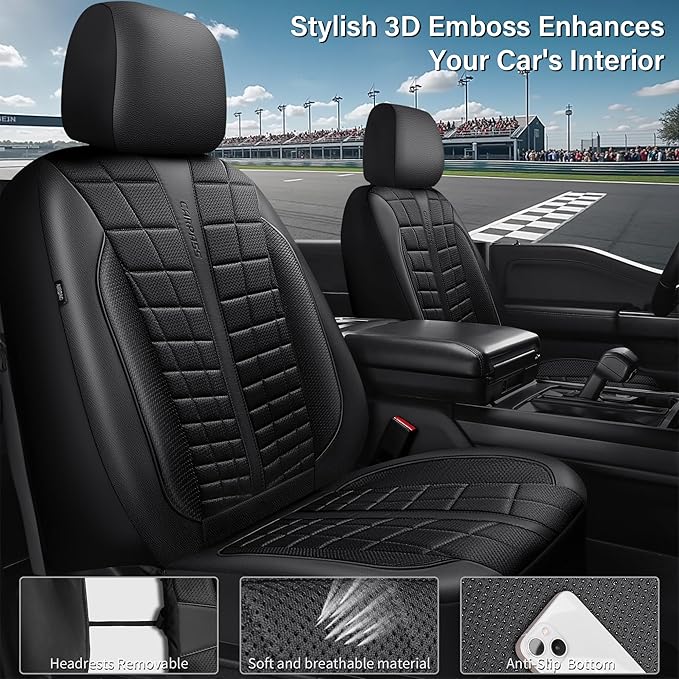 CAR PASS 3D Air Mesh Seat Covers for Car, Leather Car Seat Cover Front Seats, Breathable Foam Premium Leather Mesh Front Seat Covers Universal Fit for Cars Sedans Trucks Vans SUVs, All Black