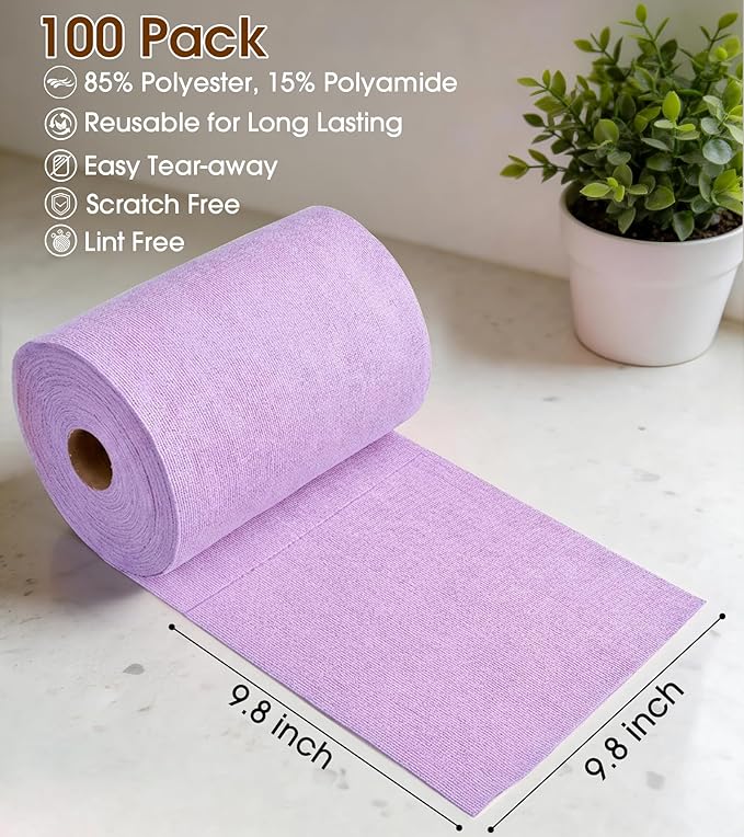 KitchLife Microfiber Cleaning Cloth Roll, 100 Pack - Tear-Away Microfiber Paper Towels, Lint-Free, Reusable, Washable for Kitchen, Car, Dishes, and Sensitive Surfaces (Light Purple)