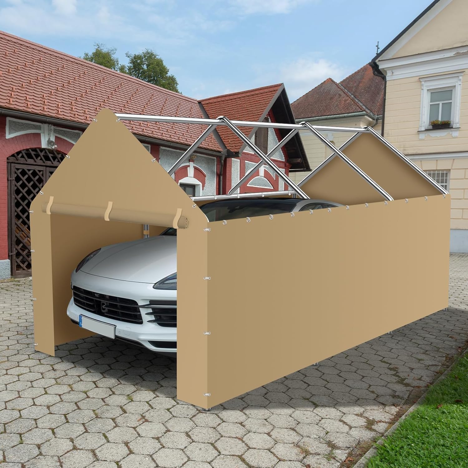 10 * 20 FT Carport Replacement Tarp Canopy, Sidewall kit Panel Set of 4, 180G PE Waterproof & UV Protected Replacement Sidewall Cover, Beige