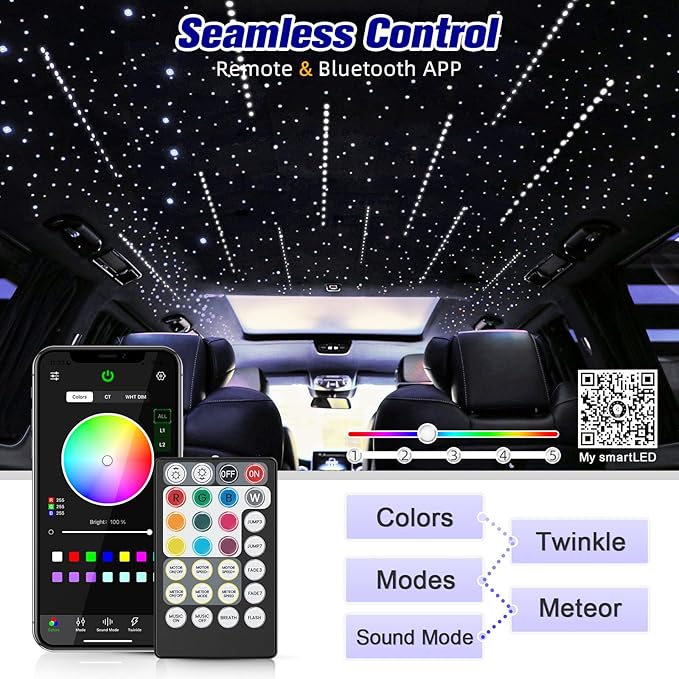 18W Twinkle&Meteor 2 in 1 RGBW Starlight Headliner Kit, 800pcs*0.03in*9.8ft+96pcs Shooting Star Lights for Car/Home Ceiling, Fiber Optic Lights with Bluetooth APP/Remote Control/Music Effect
