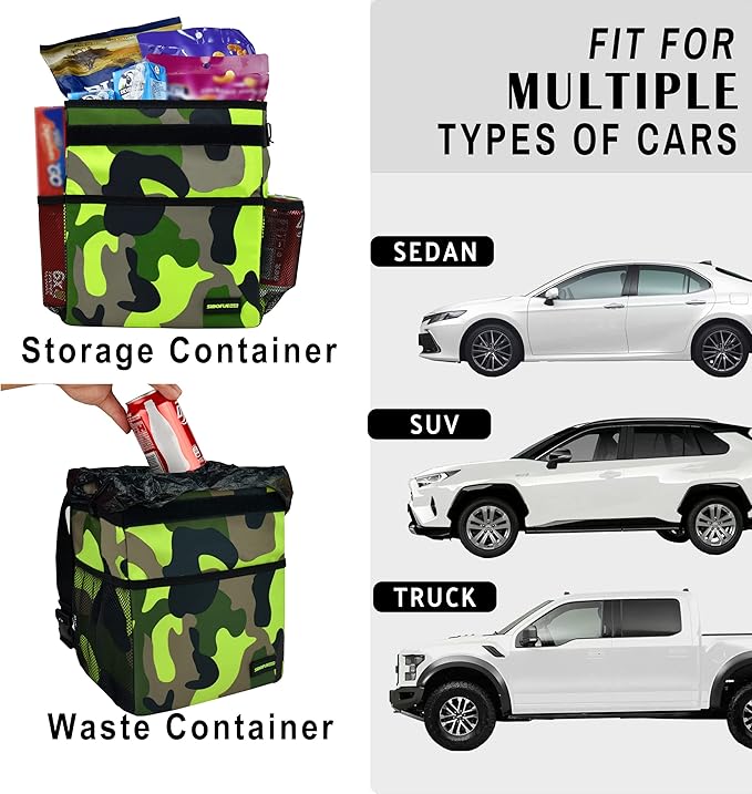 SIBOFUEGO Cute Car Trash Can with Lid – Multipurpose Collapsible Trash Bin for Car, Leak-Proof Organizer, Waterproof Garbage Can with Storage Pockets & Adjustable Straps, 2 Gallons (Camo Green)