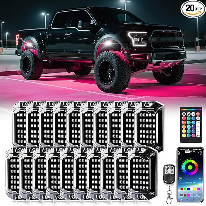 20 Pods RGB LED Rock Lights for Trucks Offroad Pickup Trailer Sedan SUV Cars, Waterproof Multicolor Neon Underglow Kit with Bluetooth APP/RF Remote, Vehicle Accent Underbody Light Underneath 12V