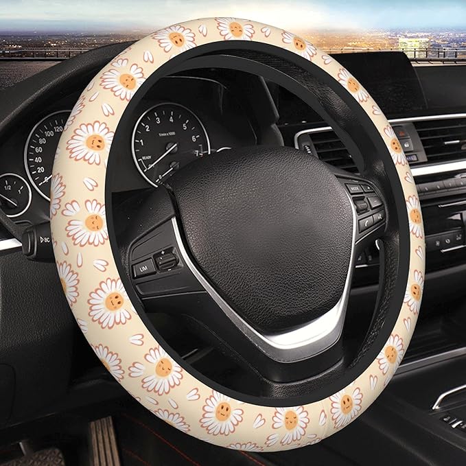 Car Steering Wheel Cover,Smiling Face Flower Universal Non Slip Wheel Protector 15 Inch Elastic Car Accessories for Men Women