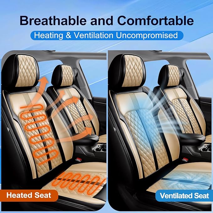 Fit Tahoe Car Seat Covers for Select Chevrolet/Chevy Tahoe 2000-2025 2026 - Full Coverage Leather, Waterproof & All Weather Seat Cushion Protector, Front Pair Black+Beige
