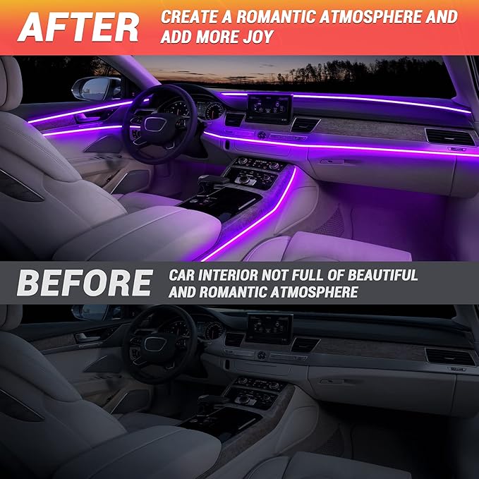 Interior Car LED Strip Lights 470 inches Fiber Optic tubing USB Powered RGB 10 in 1 Car Neon with Wireless APP and Remote Control, Ambient Lighting Kits 16 Million Colors,Sync to Music