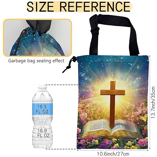 Glowing Bible Cross Car Trash Bag,Colorful Flowers Strap Drawstring Car Garbage Bags,Car Back Seat Organizer with Adjustable Buckle for Car Accessories