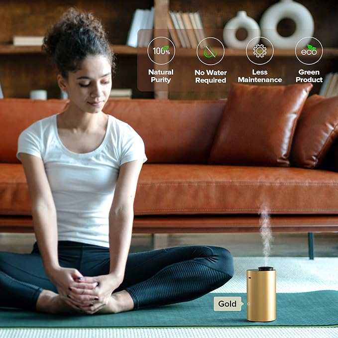 Airversa Waterless Essential Oil Diffuser for Home, Rechargeable and Portable Scent Diffuser with 3 Countdown Timers & Mist Levels for Car Room Studio Office, Scenta Lux Premium Metal Gold