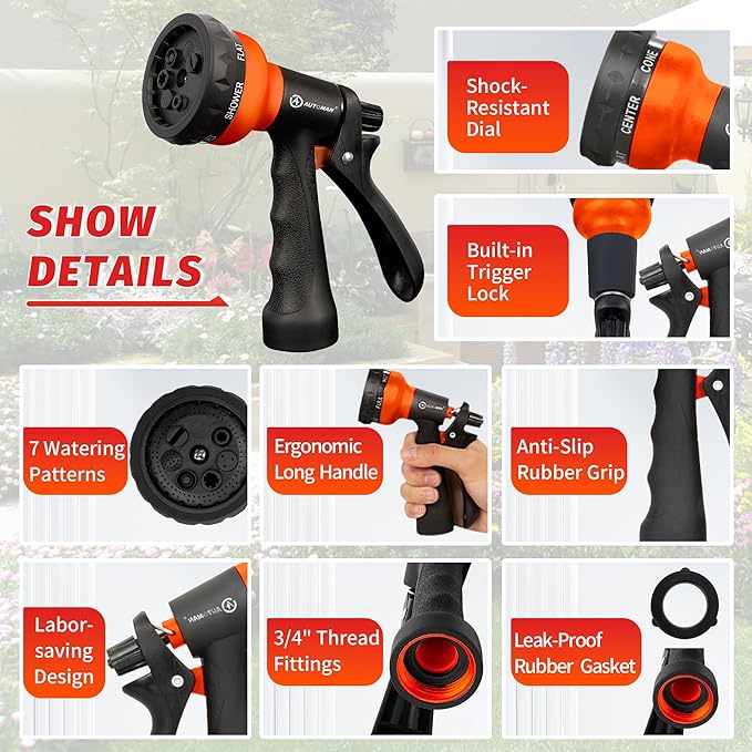 AUTOMAN-Garden-Hose-Nozzle, 2 Pack ABS Water Spray Nozzle with Heavy Duty 7 Adjustable Watering Patterns,Slip Resistant for Watering Plants,Lawn& Garden,Washing Cars,Cleaning, Orange