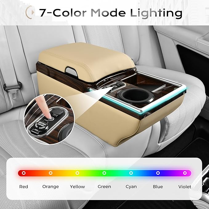 Coverado Center Console, Universal Bench Seat Center Console with Wireless Charging & Cup Holder & 7 Light Modes, Truck Back Seat Car Organizer, Rear Central Car Armrest Box with Storage, Beige