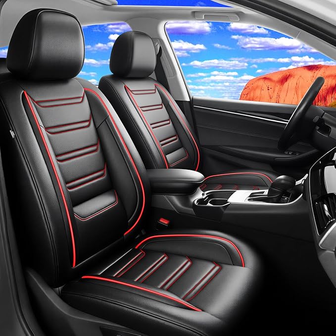 Fit Impala Car Seat Covers (Front Pair) for Select Chevrolet/Chevy Impala 2000-2020 - Premium Full Coverage Leather, Airbag Compatible, Waterproof All Weather Seat Protector, Red Trim
